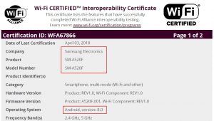 galaxy a5 2017 android 8.0 oreo certificated